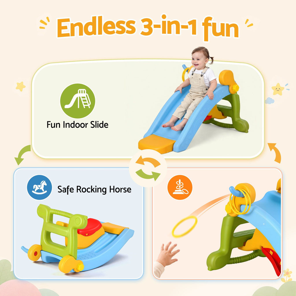 Keezi 3-in-1 Kids Activity Playset | Toddler Slide, Rocking Horse & Ring Toss | Indoor Play | Multicolour