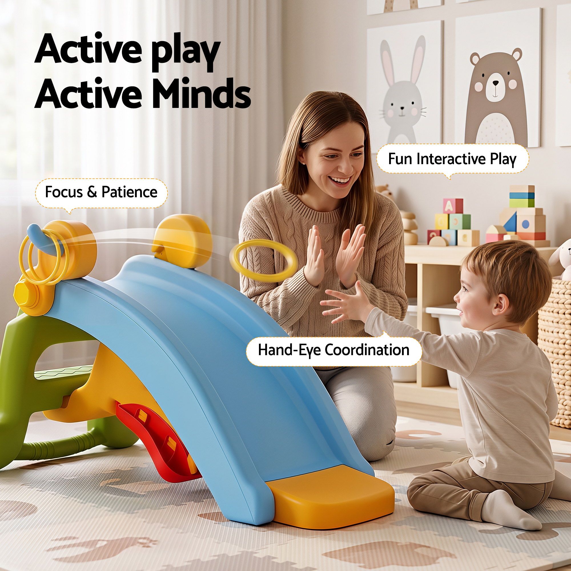 Keezi 3-in-1 Kids Activity Playset | Toddler Slide, Rocking Horse & Ring Toss | Indoor Play | Multicolour
