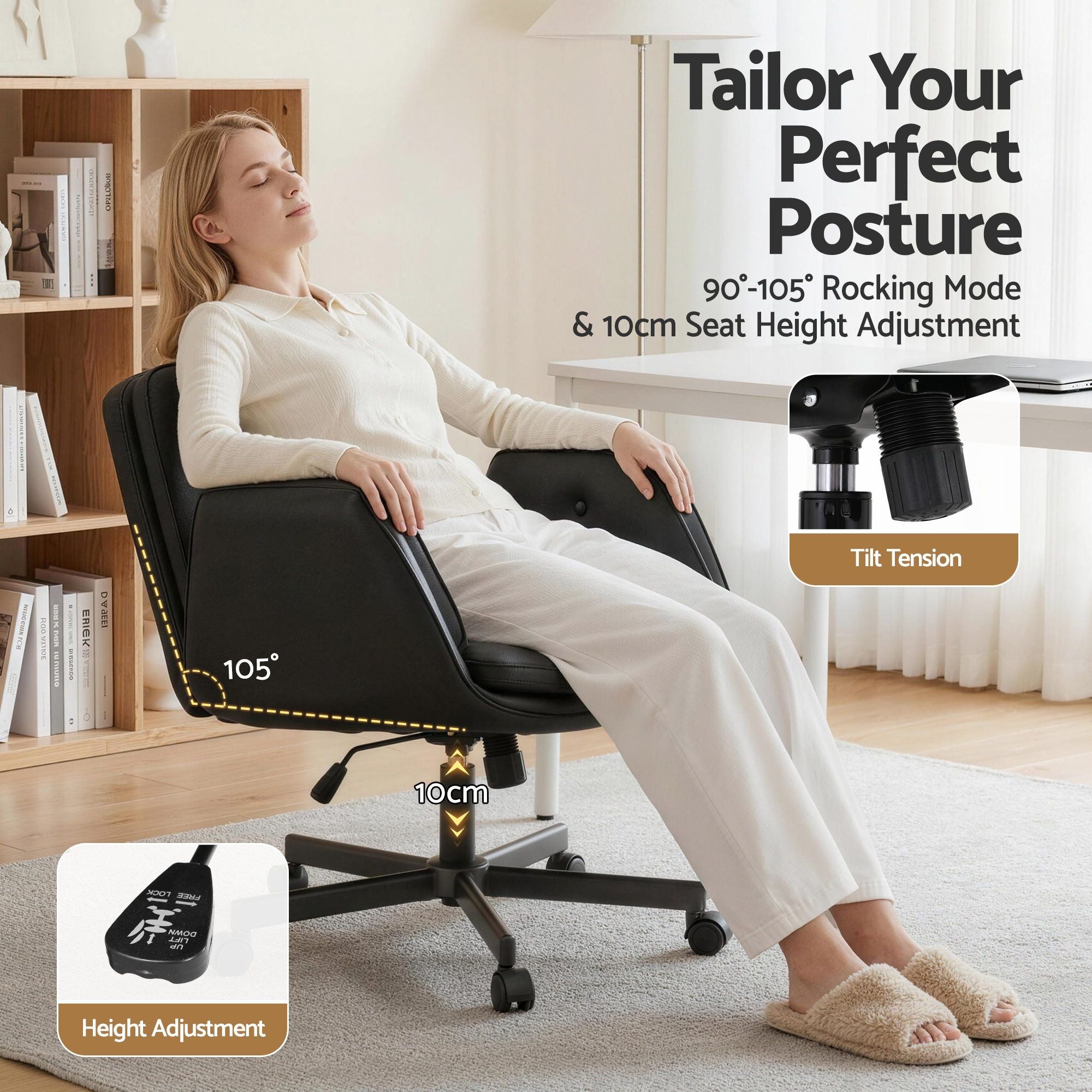 Artiss Criss Cross Chair with Wheels & Adjustable Armrests | Ergonomic Cross-Legged Office Chair | PU Leather | Black