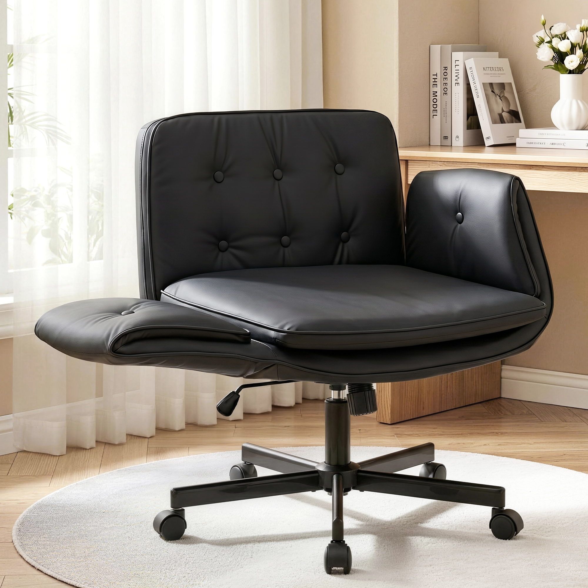 Artiss Criss Cross Chair with Wheels & Adjustable Armrests | Ergonomic Cross-Legged Office Chair | PU Leather | Black