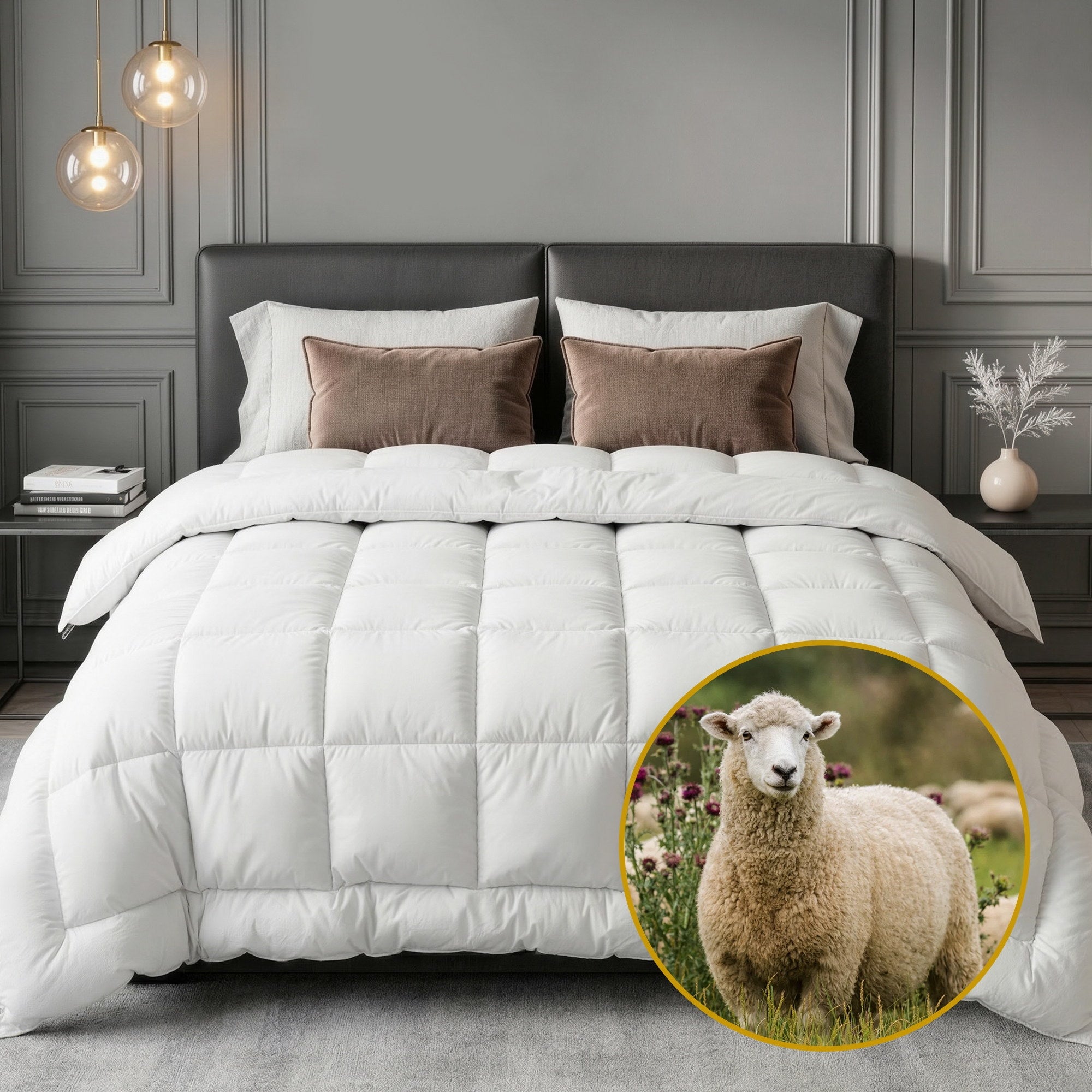 White comforter on a bed with a sheep inset image in a bedroom setting