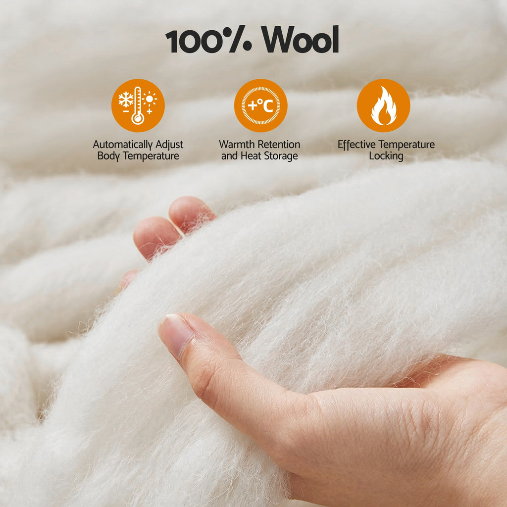 Close-up of 100% wool with hand touching it, featuring icons and text about wool properties.