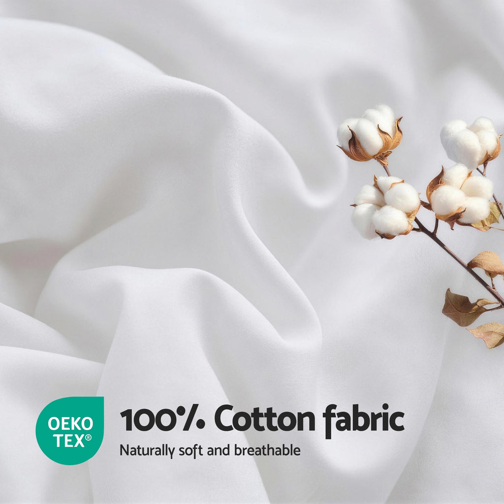 White cotton fabric with a branch of cotton flowers and OEKO-TEX logo on a light gray background.