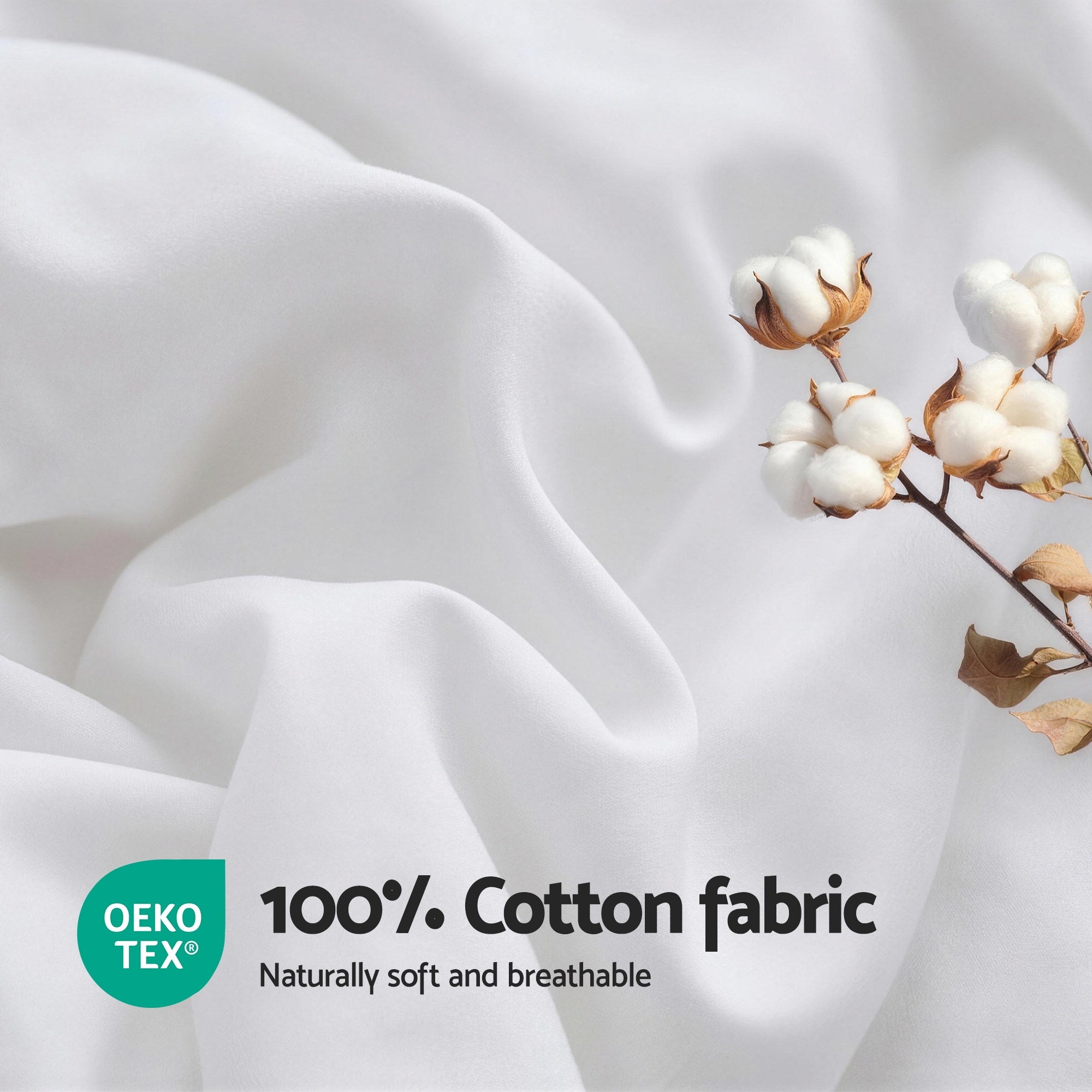 White cotton fabric with a branch of cotton flowers and OEKO-TEX logo on a light gray background.