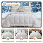 White comforter with weight information displayed against a snowy window background