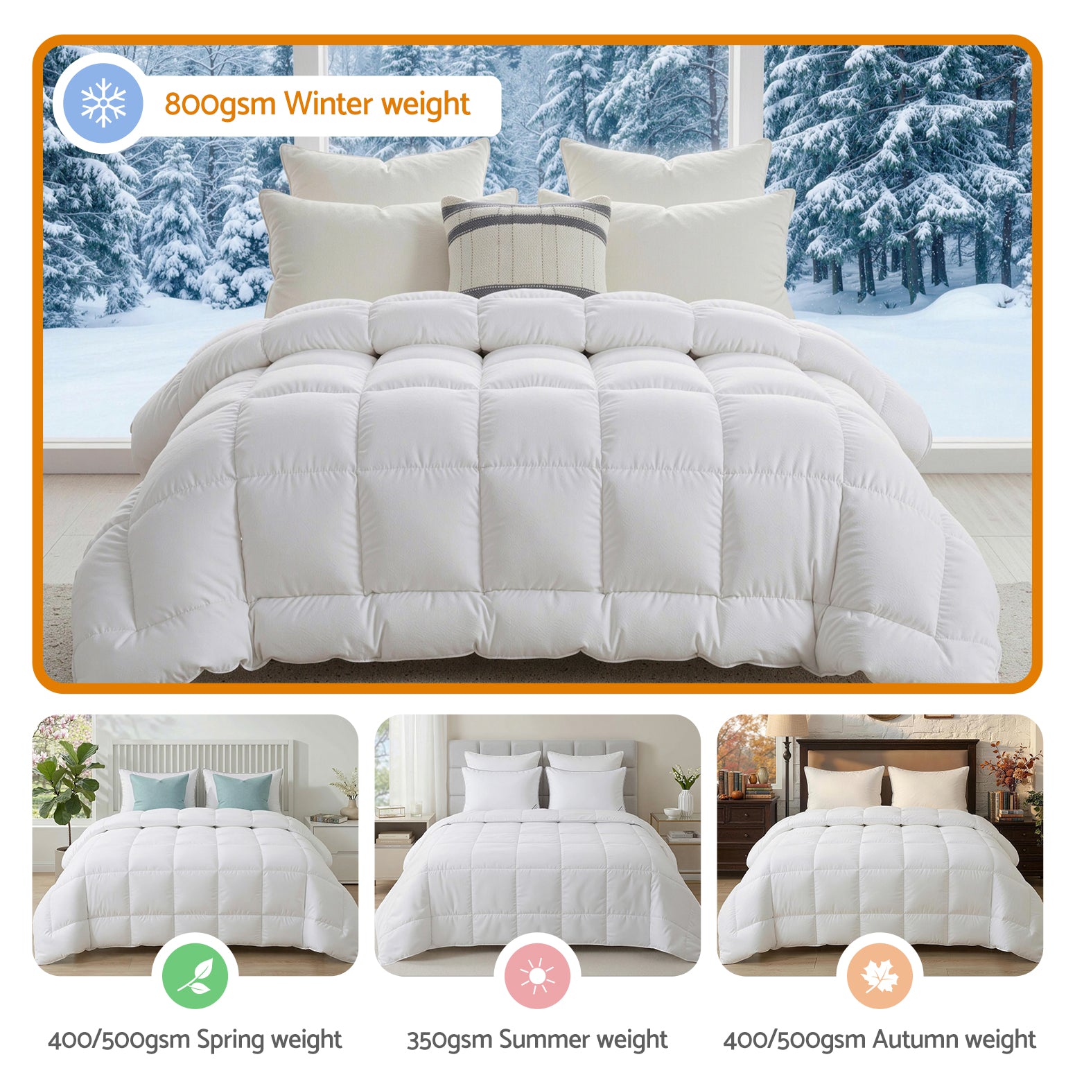 White comforter with weight information displayed against a snowy window background