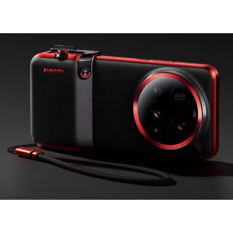 Black and red Xiaomi phone with Leica branding on a dark background