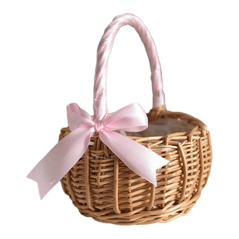 Hand-woven Wicker Wedding Flower Basket with Handle | Pink & White | Small & Large.