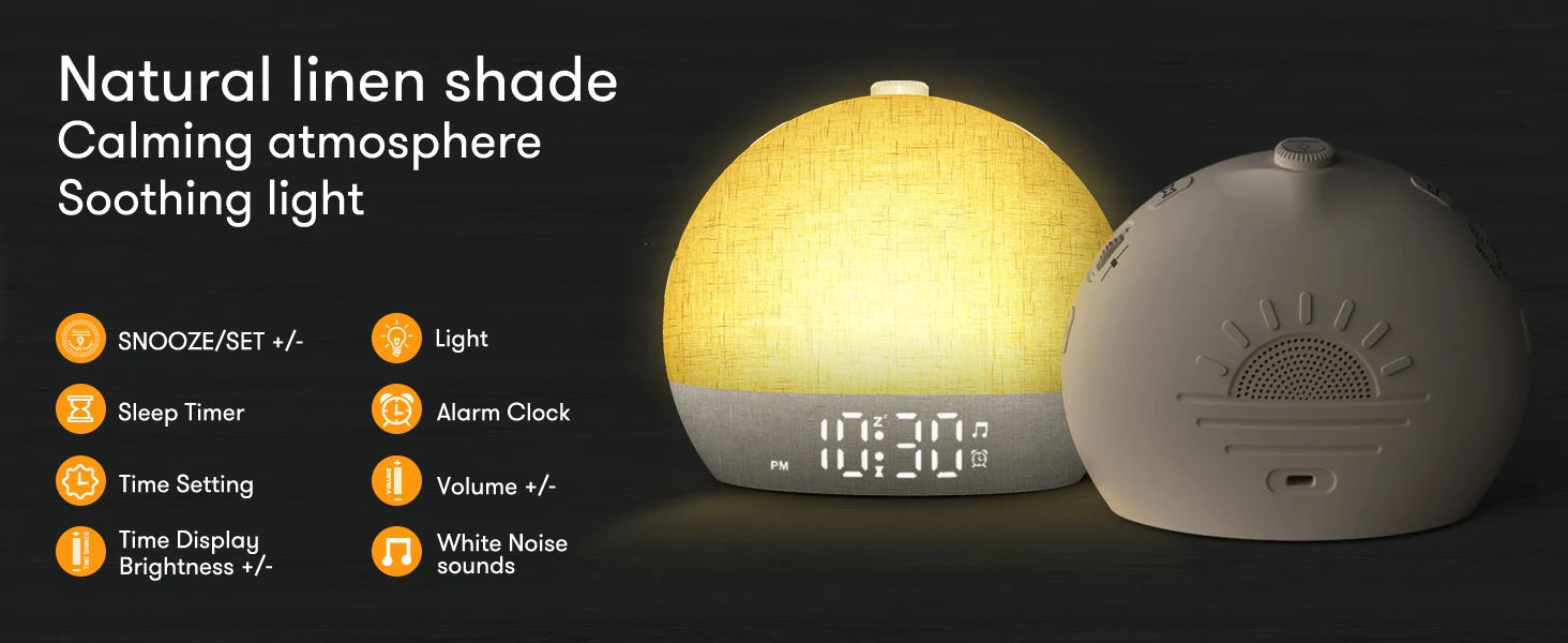 Wake Up Light Sunrise Alarm Clock — Sunset Simulation, White Noise, FM Radio & Dimmable RGB Night Light