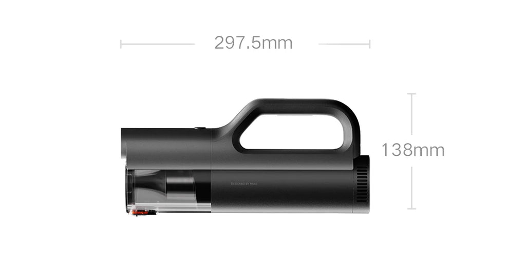 Black handheld vacuum cleaner with measurements on a white background