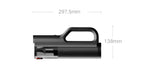 Black handheld vacuum cleaner with measurements on a white background