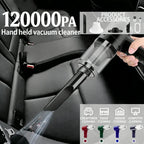 andheld vacuum cleaner being used to clean a car seat with text indicating 120,000 PA suction power.