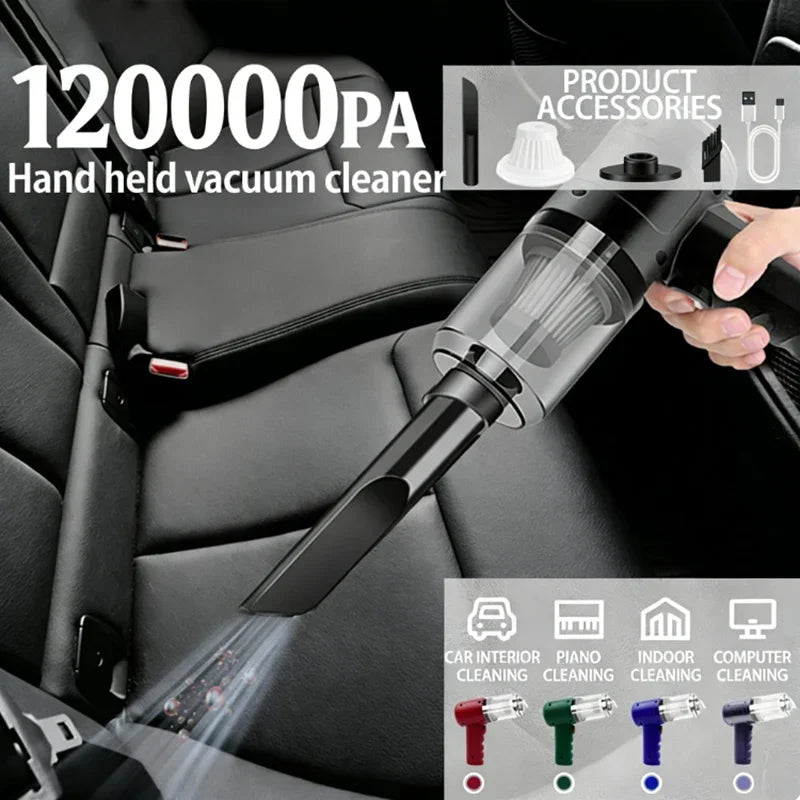 andheld vacuum cleaner being used to clean a car seat with text indicating 120,000 PA suction power.
