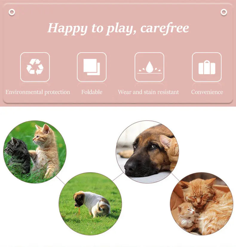 Product packaging with images of pets and text about product features on a pink backgrou