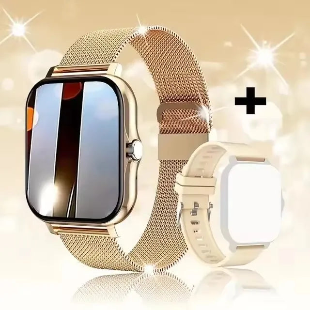 Gold smartwatch with mesh band and white square device on a sparkling background.