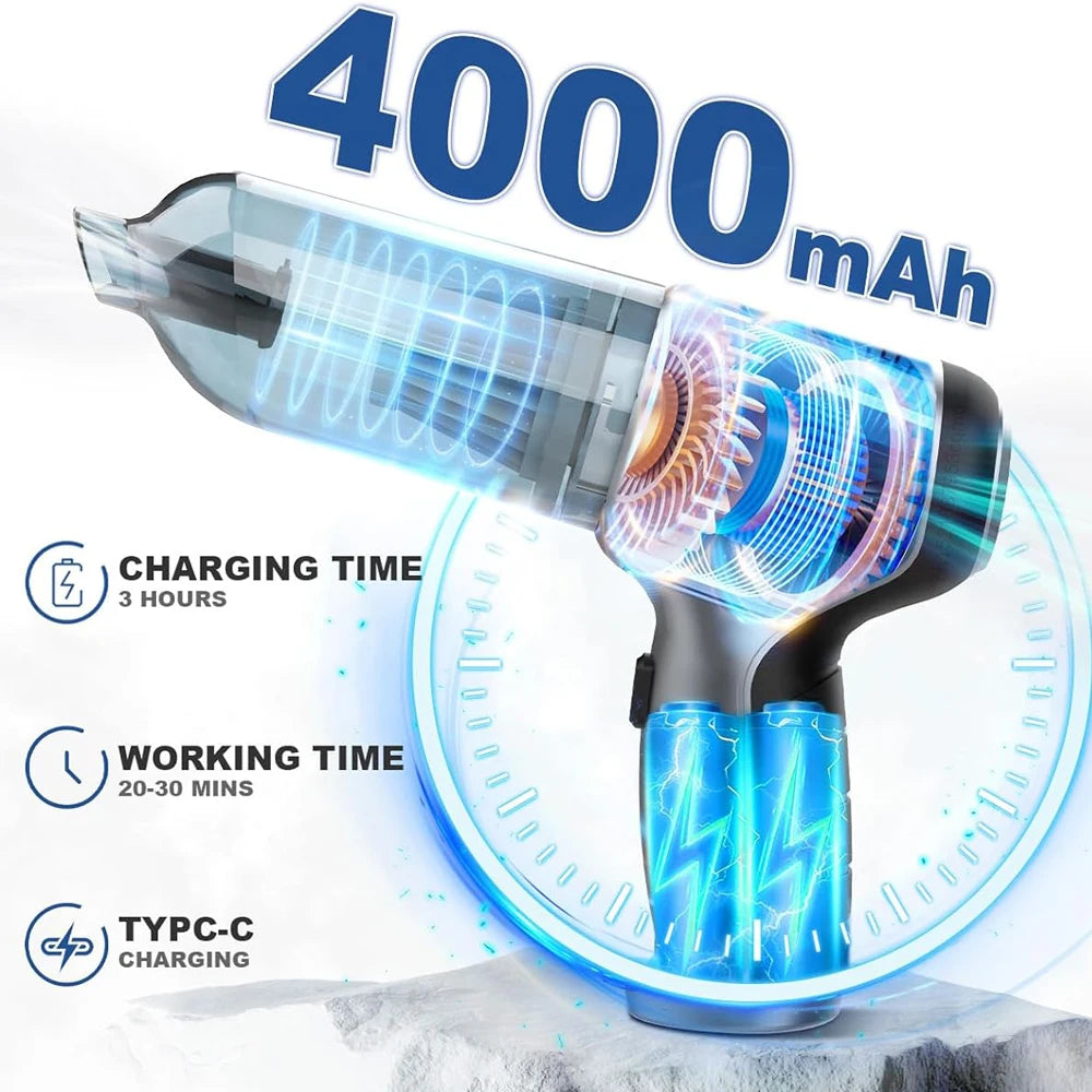 Hand held vacuum cleaner  with 4000mAh label and charging specifications on a white background