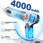 Hand held vacuum cleaner  with 4000mAh label and charging specifications on a white background