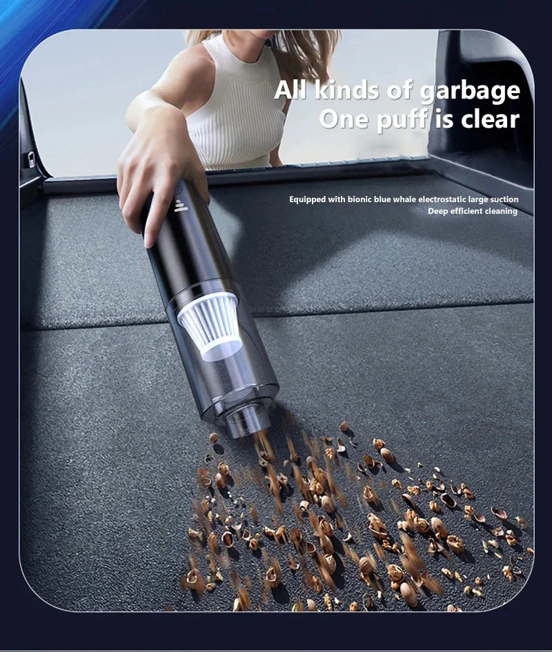Vacuum cleaner being used to clean a car seat with text 'All kinds of garbage, One puff is clear'.