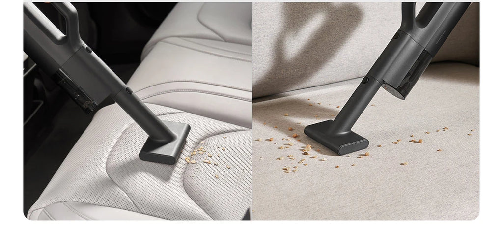 Vacuum cleaning a car seat with debris being collected.