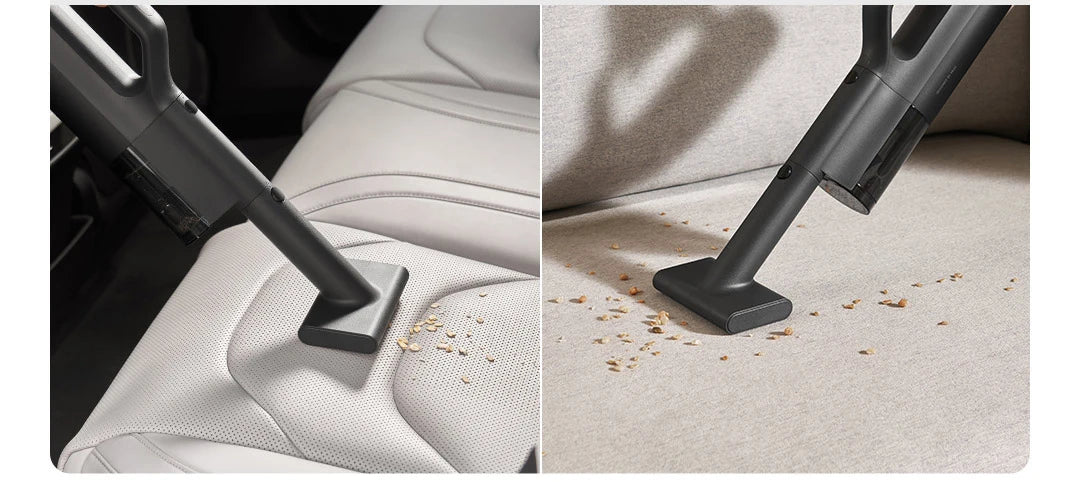 Vacuum cleaning a car seat with debris being collected.