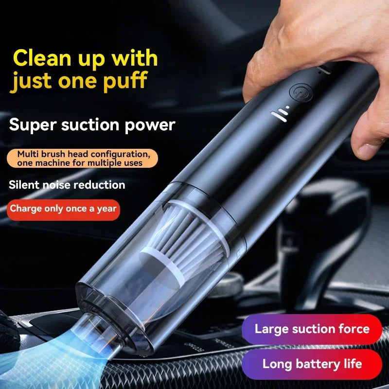 Handheld vacuum cleaner with features highlighted on a dark background