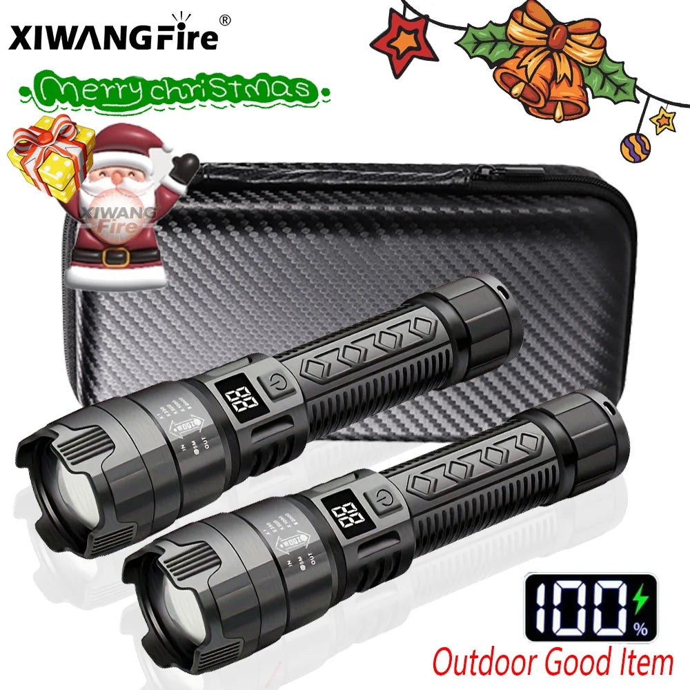 High Lumen Tactical Flashlight – Telescopic Zoom, Digital Display & USB-C Rechargeable