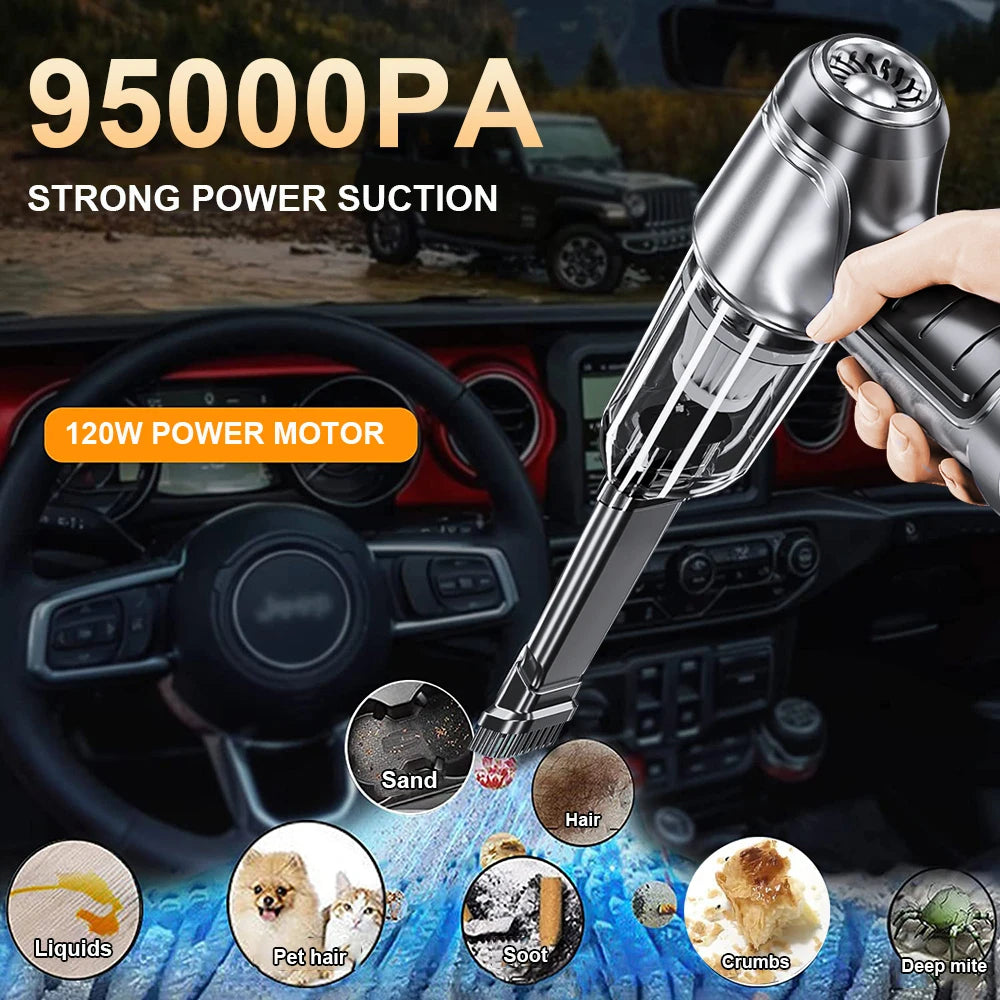 Car vacuum cleaner with strong power suction and 120W power motor being used inside a car.