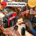 Person in a forest setting with a charging station, phone, and coffee mug.