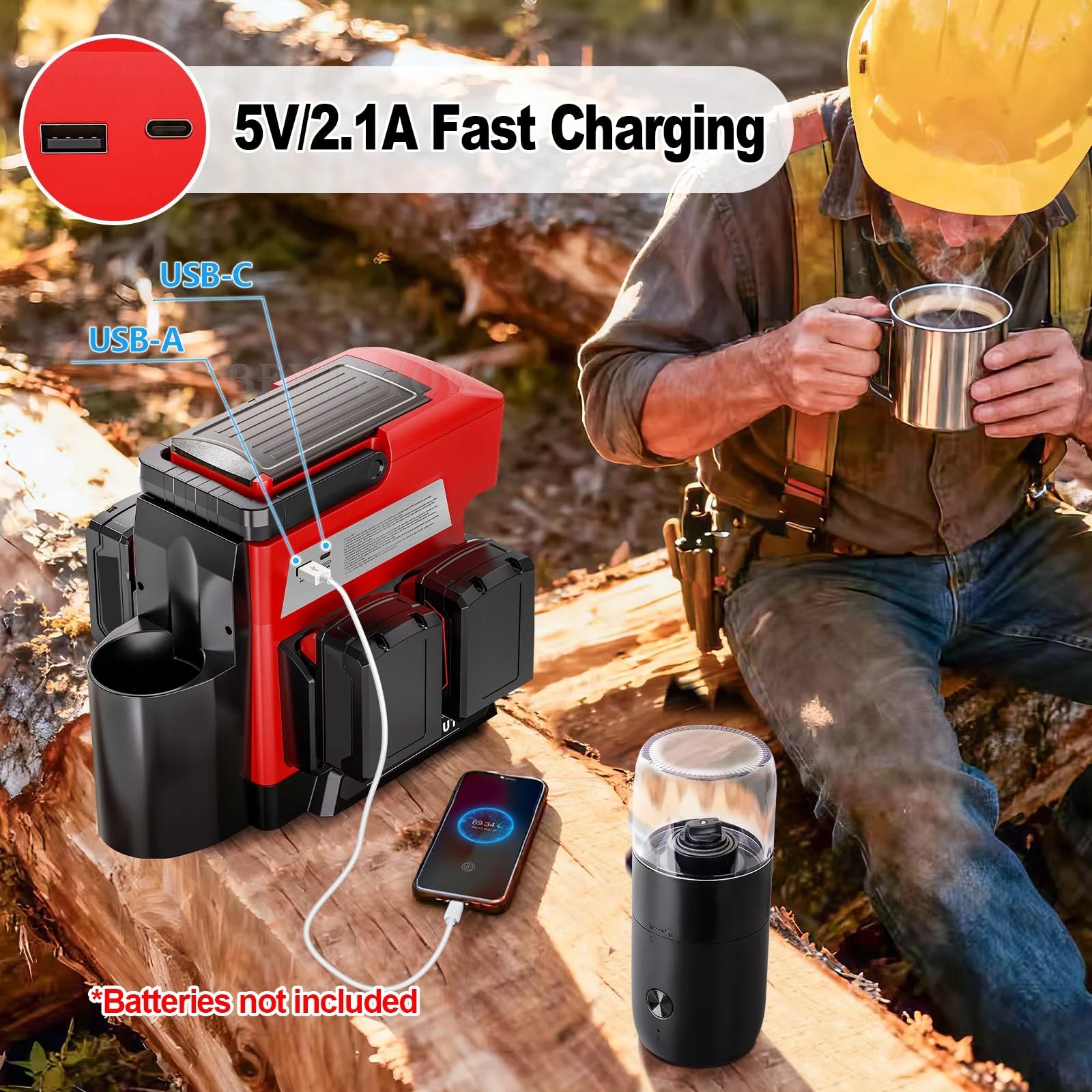 Person in a forest setting with a charging station, phone, and coffee mug.