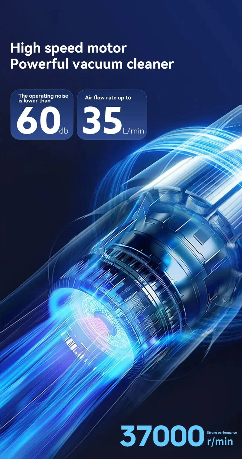 High-speed motor and powerful vacuum cleaner with technical specifications on a dark background