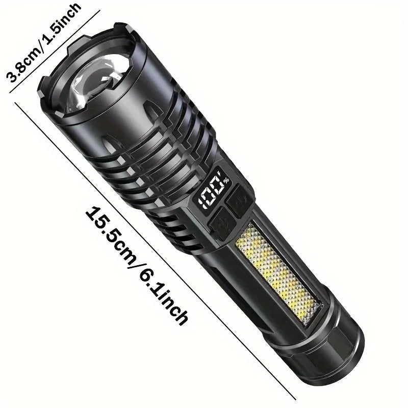 Black flashlight with measurements on a white background