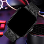 Black smartwatch with a mesh band on a colorful background