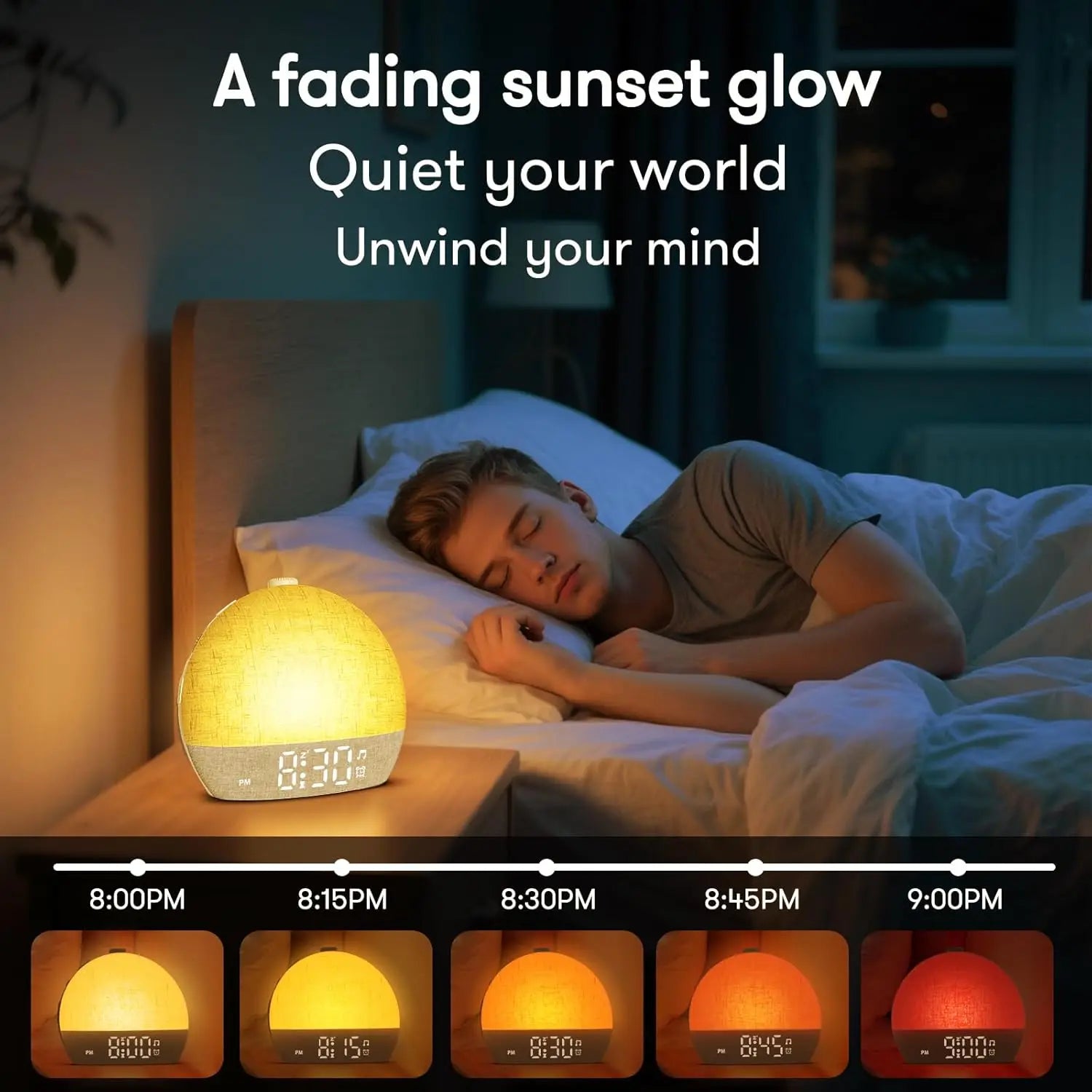 Wake Up Light Sunrise Alarm Clock — Sunset Simulation, White Noise, FM Radio & Dimmable RGB Night Light
