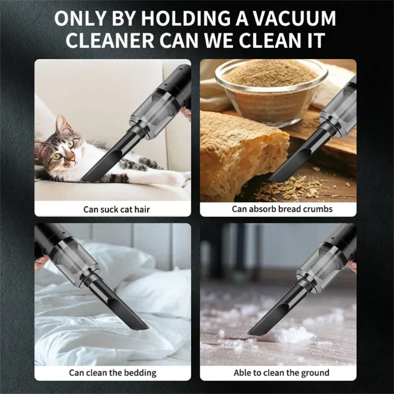 Vacuum cleaner attachments being used to clean various messes with text indicating their uses.