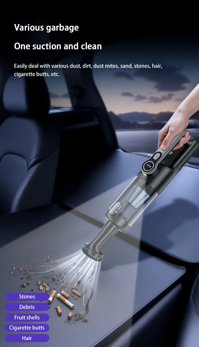 Vacuum cleaner being used to clean a car interior with text about its capabilities