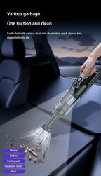 Vacuum cleaner being used to clean a car interior with text about its capabilities