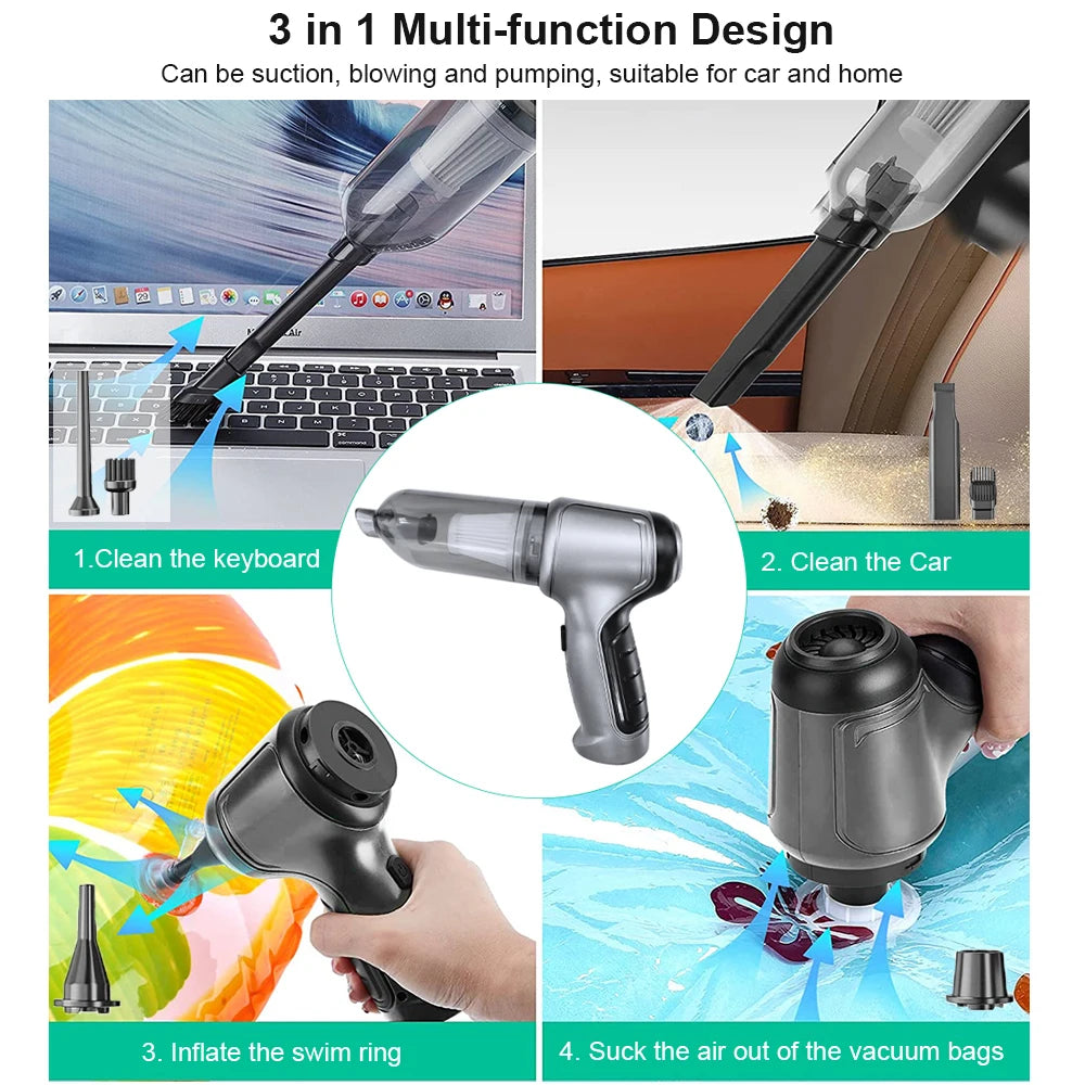 Multi-function cleaning tool with various uses including cleaning a laptop, car, swim ring, and vacuum bags.