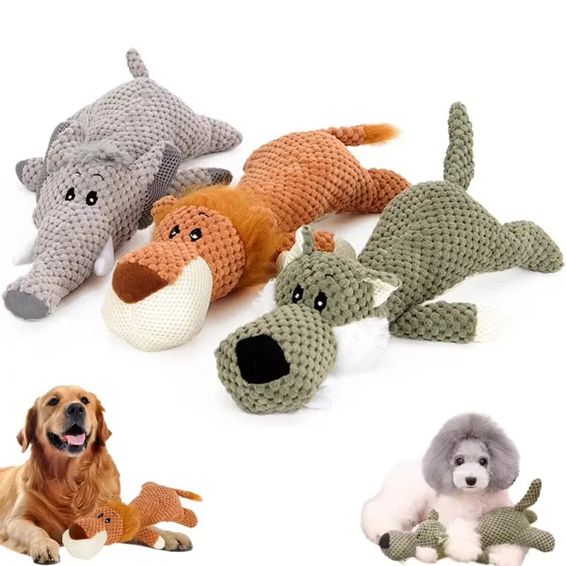 Animal Plush Squeaky Dog Toy – Bite-Resistant Lion, Wolf & Elephant | Small & Medium Dogs