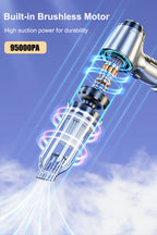 High-powered vacuum cleaner with built-in brushless motor and 95000PA suction on a blue background.