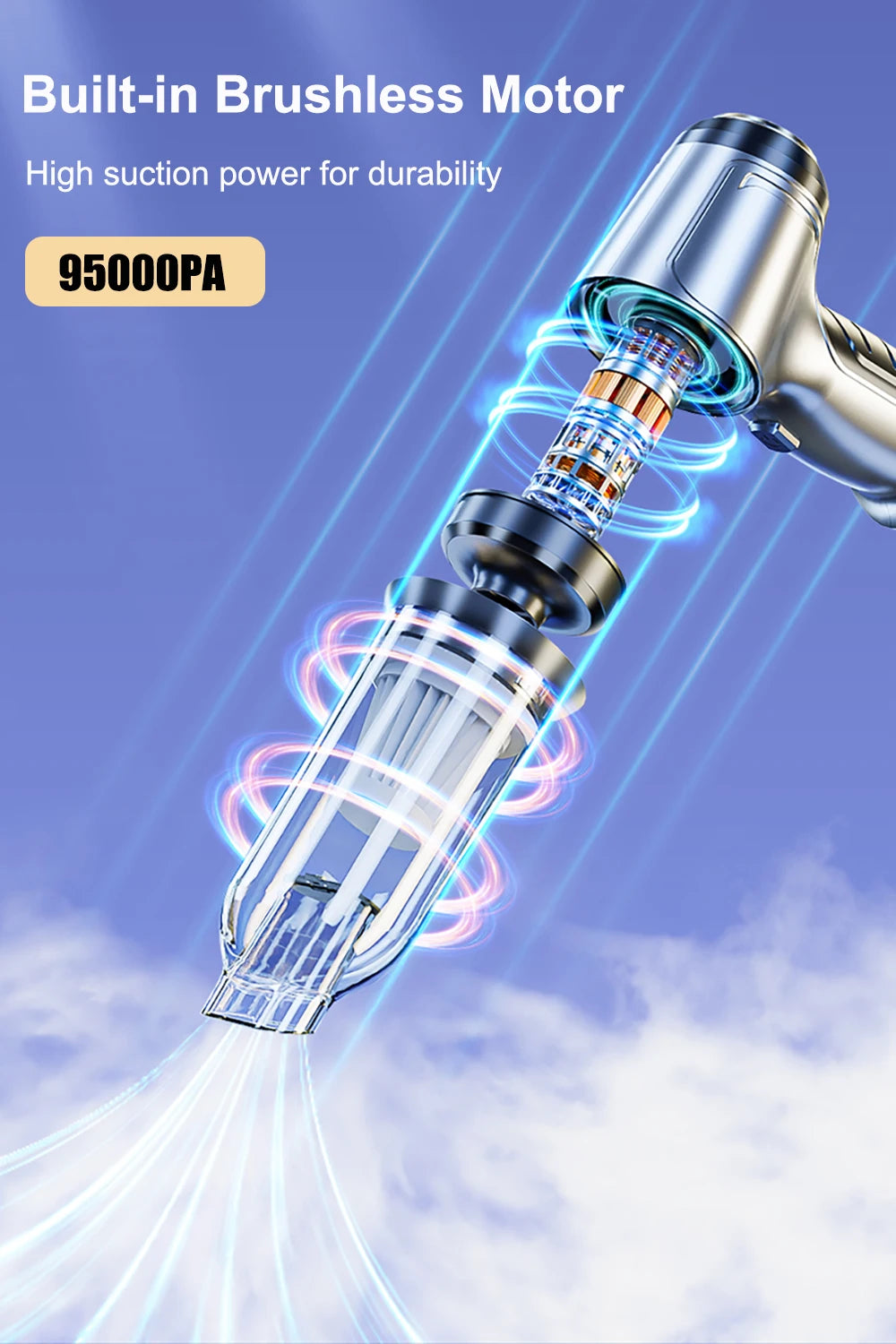 High-powered vacuum cleaner with built-in brushless motor and 95000PA suction on a blue background.