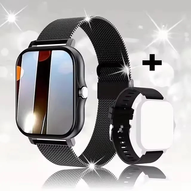 Smartwatch with black metal band on a reflective surface