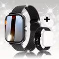 Smartwatch with black metal band on a reflective surface