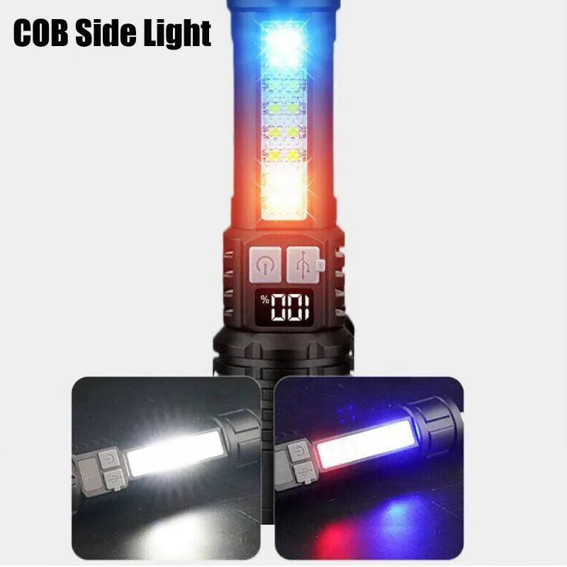 Multifunctional flashlight with COB side light feature on a white background