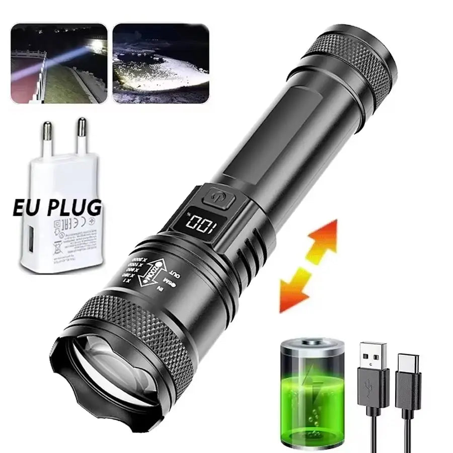 High Lumen Tactical Flashlight – Telescopic Zoom, Digital Display & USB-C Rechargeable