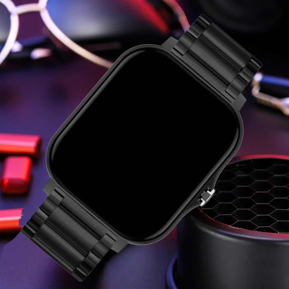  Complete Black smartwatch with a mesh band on a colorful background
