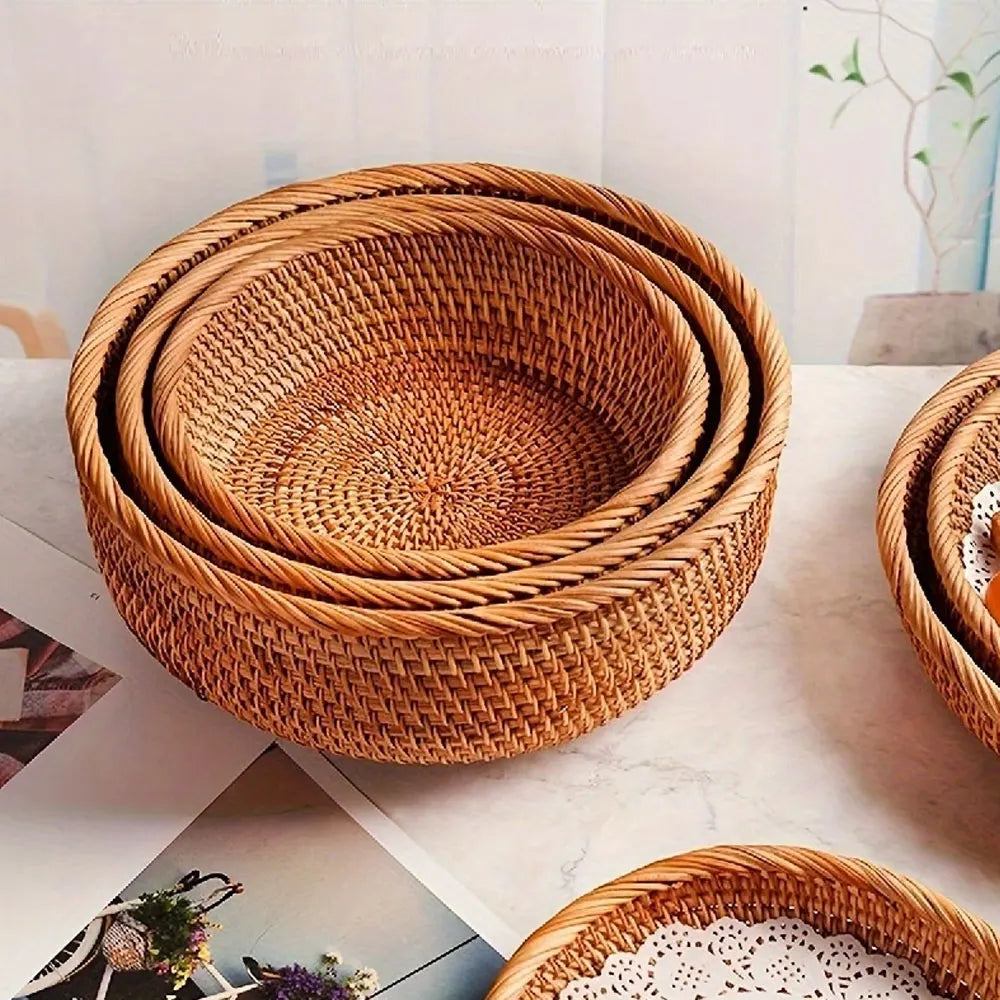 Handwoven Wicker Storage Baskets | Natural Straw Round Baskets | S, M & L