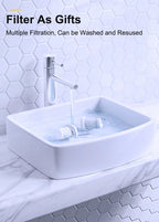 Bathroom sink with faucet and filter, text about multiple filtration.
