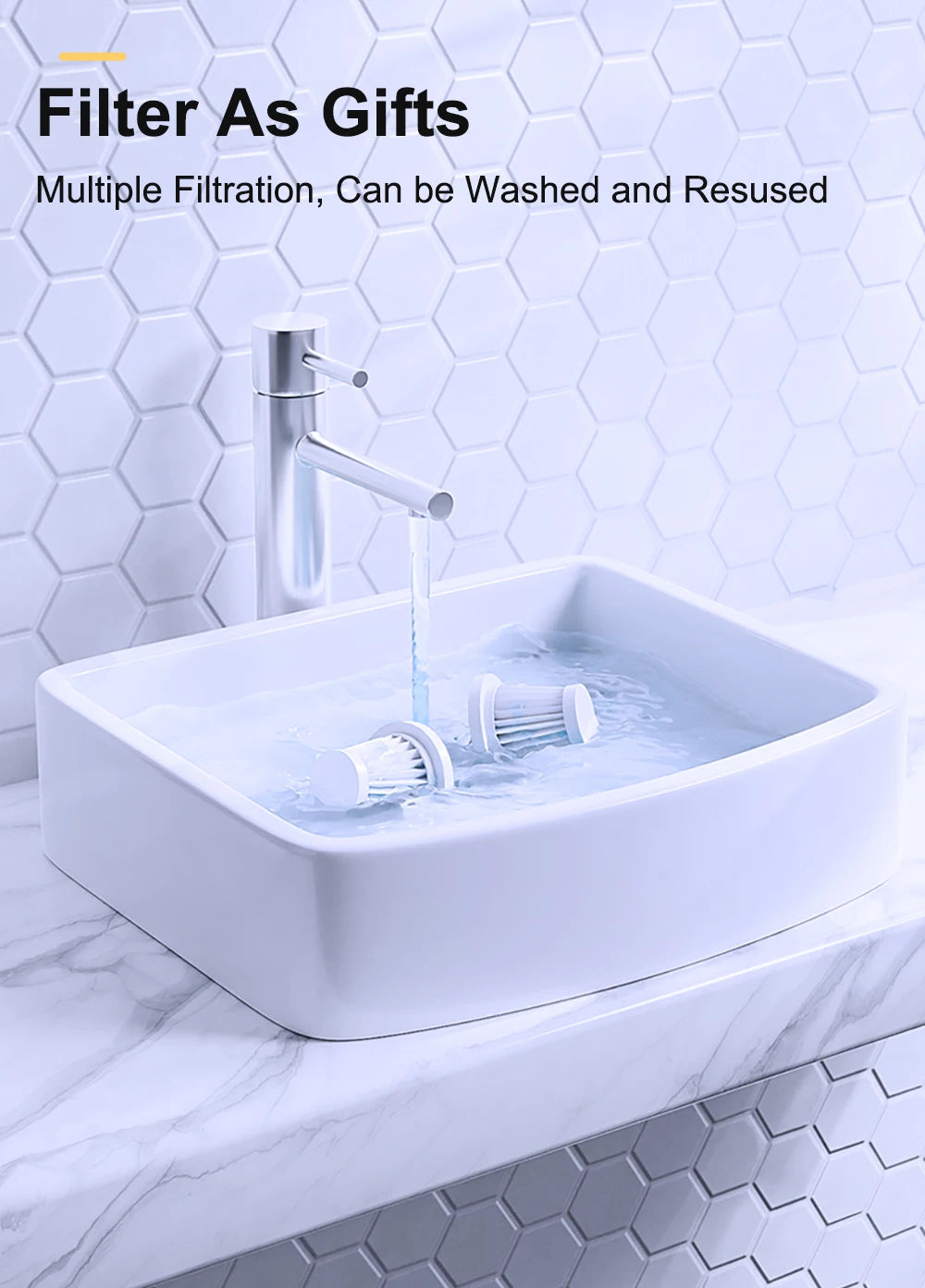 Bathroom sink with faucet and filter, text about multiple filtration.