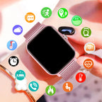 martwatch with pink metal band held by a hand, surrounded by various function icons on a blurred backgroun