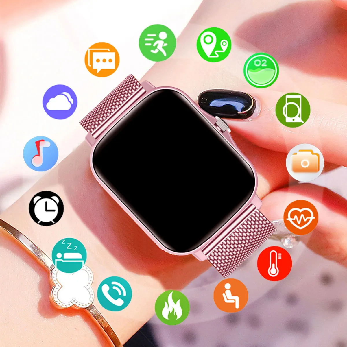 martwatch with pink metal band held by a hand, surrounded by various function icons on a blurred backgroun